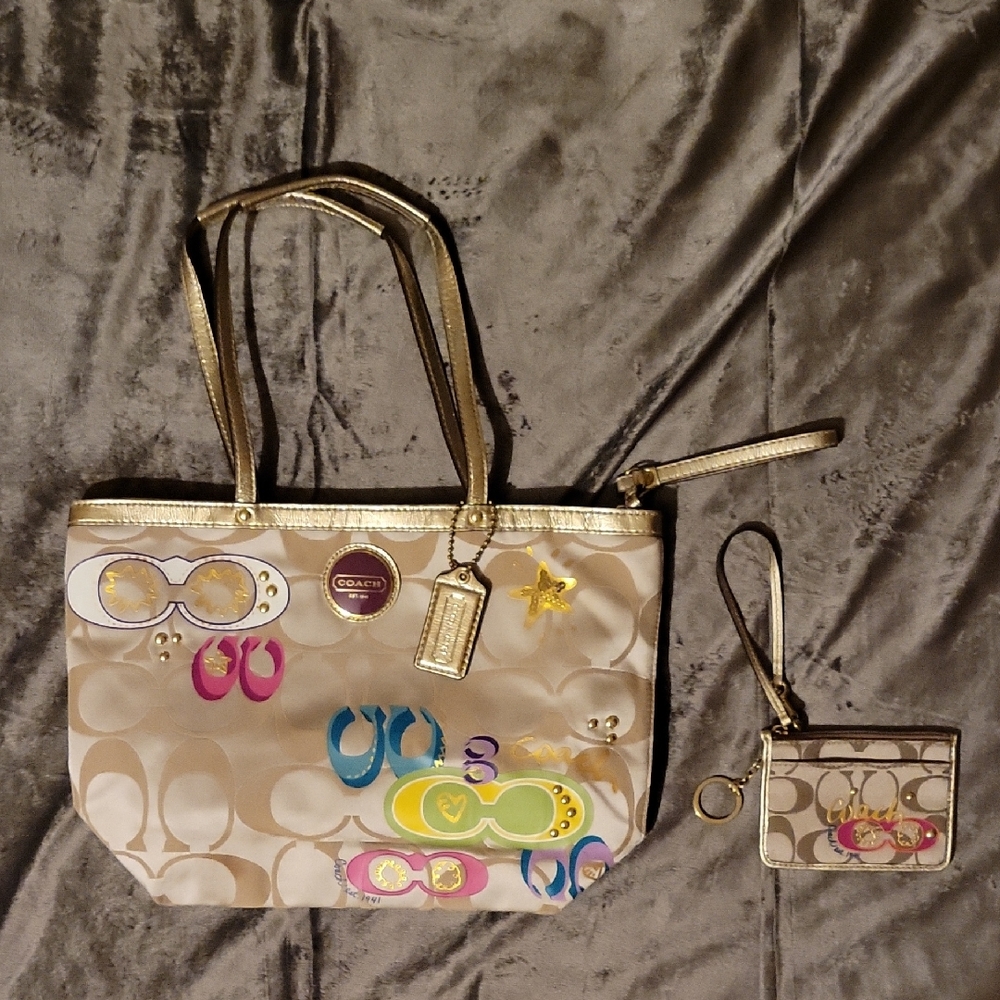 Coach Beige Gold Embellished Multi Colored Tote+Card Holder.Will Sell Seperately